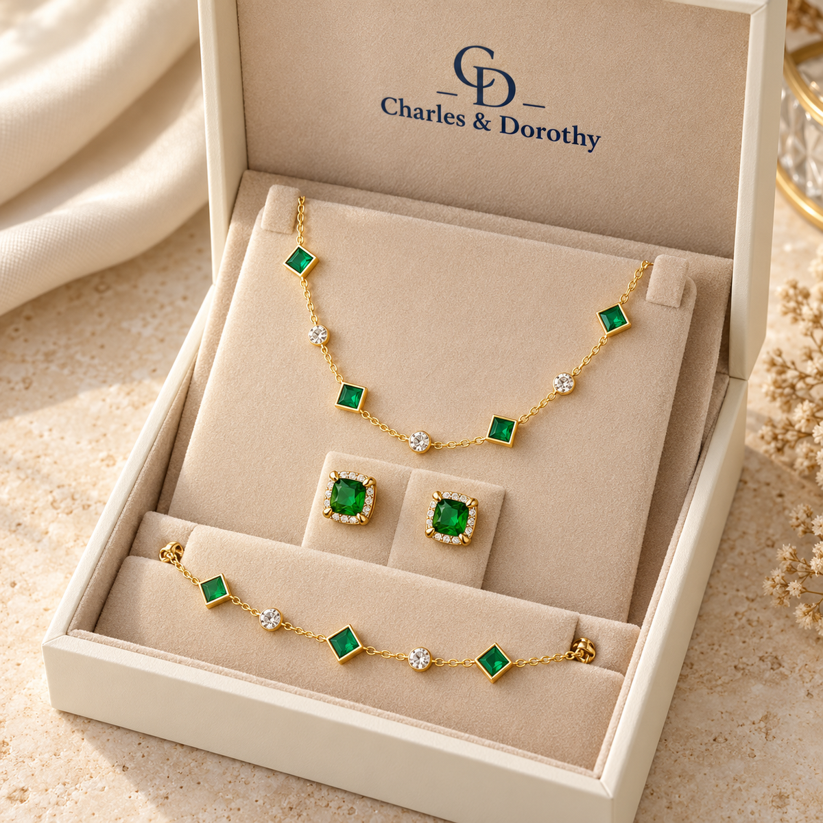 Emerald Elegance™ 3-Piece Set — Necklace, Bracelet & Earrings